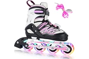 BELEEV Inline Skates with Light-Up Wheels & Shoelaces, 4-Size Adjustable Roller Blades for Kids Ages 5-12, Illuminating Skate