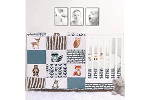 PINNKKU 3-Piece Crib Bedding Set for Boys, Includes Crib Skirt, Blanket, Sheet, Woodland Animals, Standard Size