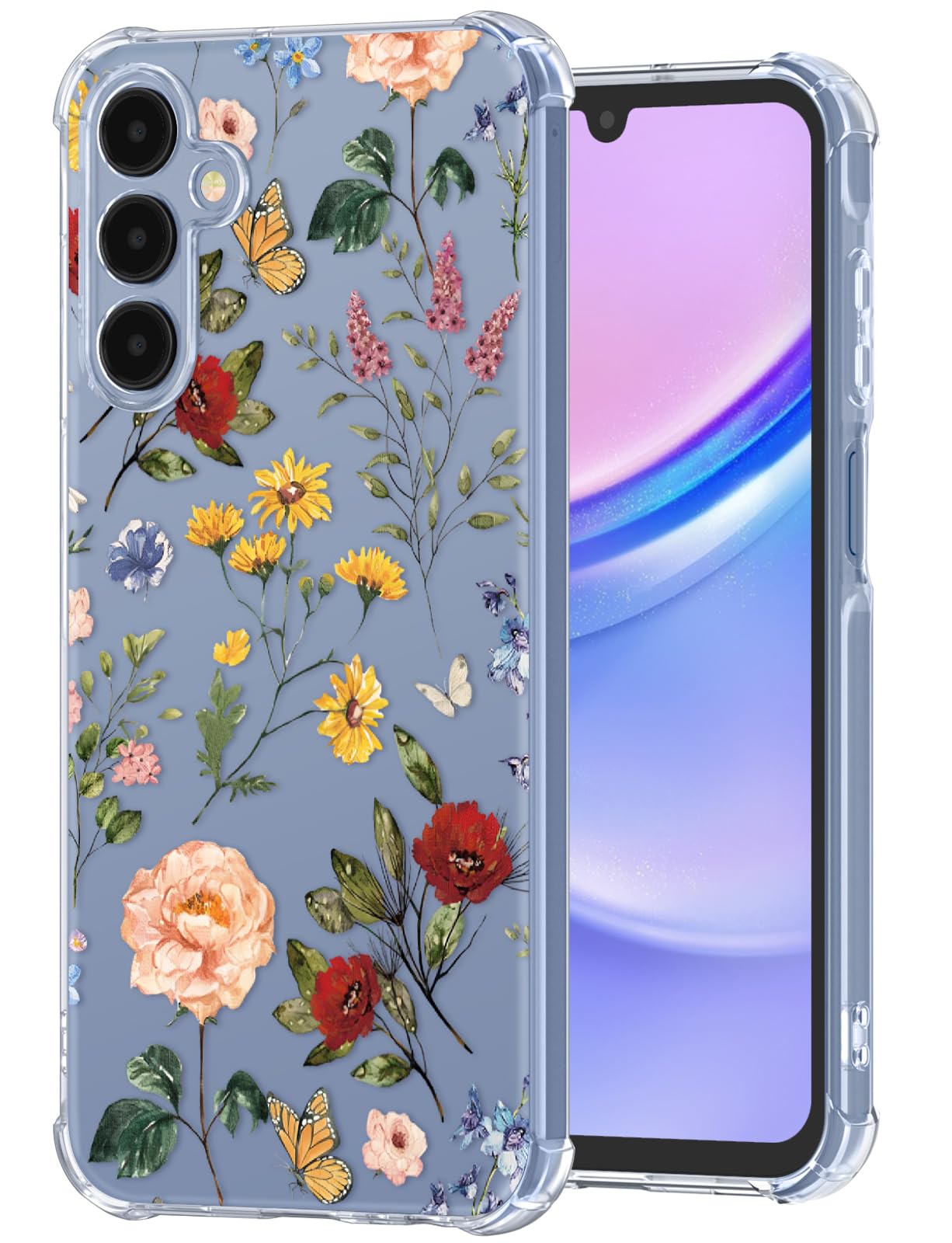 Photo 1 of Buleens for Samsung Galaxy A15 5G Phone Case 6.5 Inch - Clear Flexible TPU Women Girls Cute Protection Phone Cover Slim Fit Shockproof Girly Fashion Design Pattern for Samsung A15 5G Case, Floral
