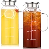 2-Pack Glass Pitcher with Lid, 68oz 2 Quart Water Pitchers With Handle for Fridge. Glass Carafe for Hot/Cold Drink, Large Jug for Iced Tea, Lemonade, Coffee, Juice, Milk