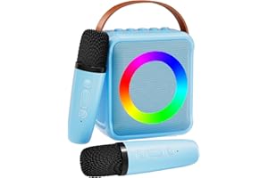 VERKB Mini Karaoke Machine for Kids Adults, Portable Bluetooth Speaker with 2 Wireless Microphones, Microphone Speaker Set with LED Lights for Home Party, Birthday Gifts for Girls Boys Kid(Blue)