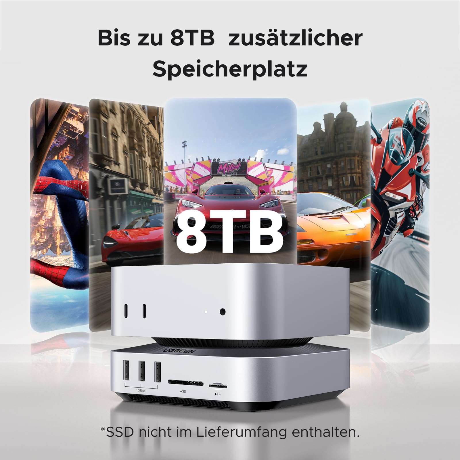 UGREEN Mac mini M4 Dock 40Gbps M.2 NVMe SSD Gehäuse, 5X 10Gbps USB-Anschlüsse, Docking Station mit HDMI(8K@30Hz max.) für Dual Display, SD/TF 4.0 & 3,5mm Aux – Kompatibel mit Mac mini M4/ M4 Pro 3