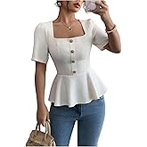 Floerns Women's Elegant Summer Blouse Top Short Sleeve Ruffle Hem Peplum Work Shirts