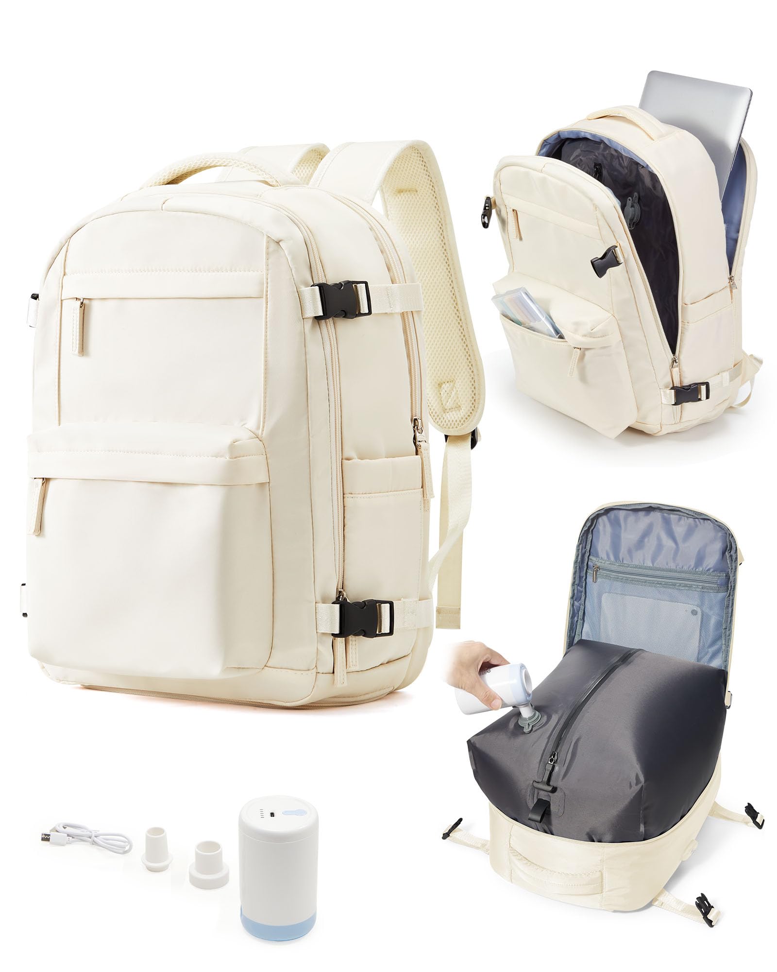 Photo 1 of Vacuum Seal Backpack for Travel with Air Pump Daypack Carry on Flight Approved Compression Laptop Space Saver Bags Storage with Vacuum System 18x14x8 inches Travel Bag Women Beige