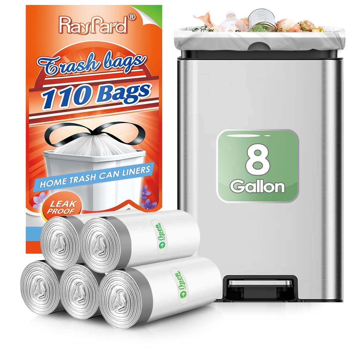 Photo 1 of ***only 5 pieces.***8 Gallon Strong Drawstring Trash Bags Garbage Bags by RayPard, Medium Trash Bags fit 30 Liter Trash Can for Home Office Kitchen Bathroom Bedroom, White Waste Basket Liners