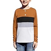 Arshiner Kids Boys Henley Shirts Cotton Long Sleeve Crewneck T-Shirts Color Block Tee Tops 3-12 Years