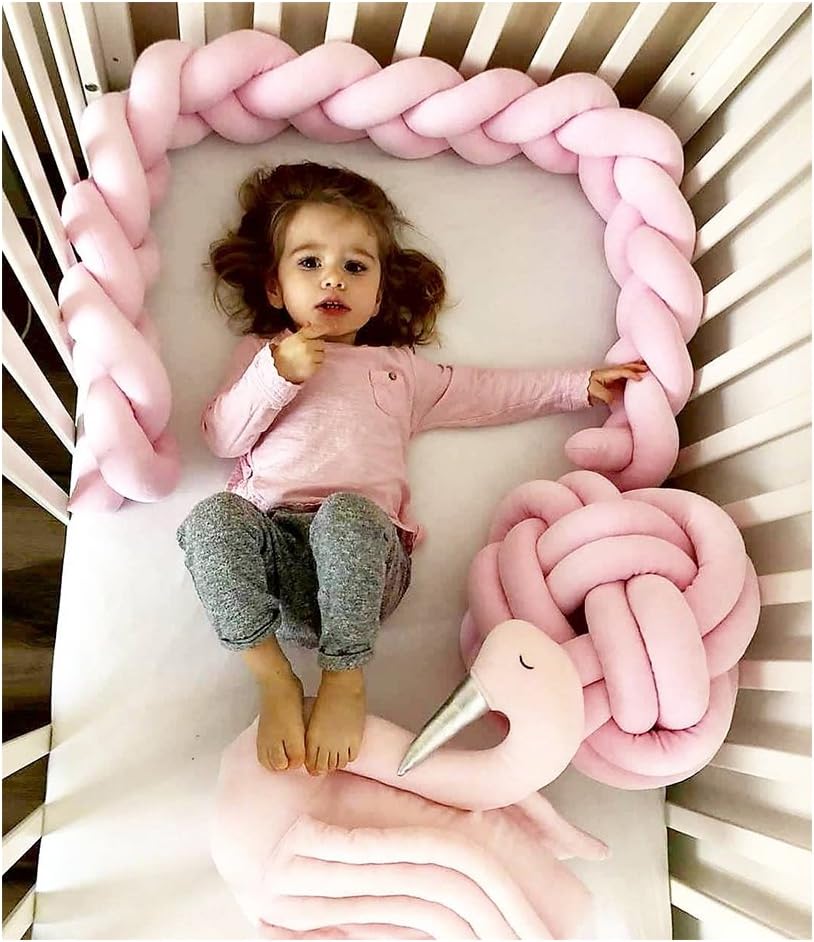 Infant Soft Pad Braided Crib Bumper Knot Pillow Cushion Cradle Decor for Baby Girl and Boy (Rose, 118")