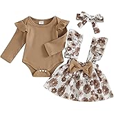 Ysfanwuxi Baby Girl Clothes Fall Cute Skirt Outfits Long Sleeve Romper Floral Overall Skirt Dress Bow 3PCS Outfit