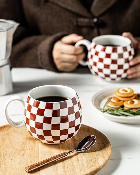 LAUCHUH PORCELAIN COFFEE MUGS – 18 OUNCE LARGE MUG SET OF 6 COFFEE CUPS WITH HANDLE FOR MOTHER’S DAY, TEA LATTE CAPPUCCINO MILK COCOA, DISHWASHER & MICROWAVE SAFE, BROWN AND WHITE