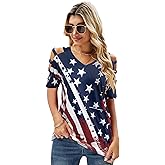 FAYALEQ USA Flag Shirt Women Off The Shoulder Top American Flag Tee 4th of July Patriotic Tees Distressed Star Stripes Shirts