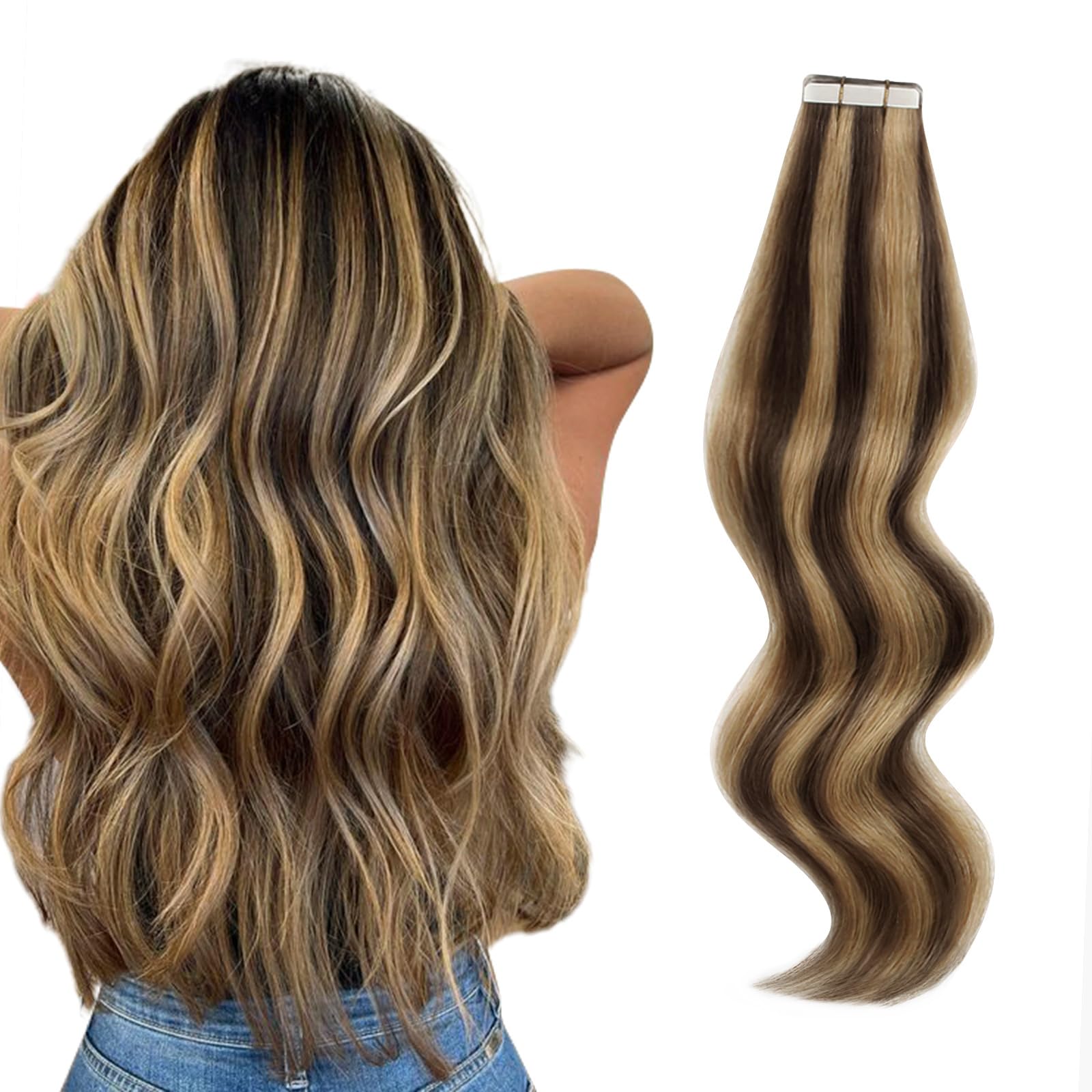 ABH AMAZINGBEAUTY HAIR Tape in Hair Extensions Human Hair 18 Inch Chocolate Brown Highlighted Caramel Blonde Tape in Extensions #P4-27 50g 20pcs — image 1