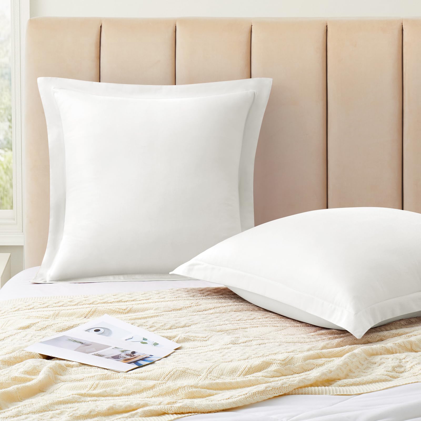 Photo 1 of **1 CASE HAS A DARK STAIN** KKJIAF Ivory White Euro Pillow Covers Set of 2, Soft & Cozy Cotton Euro Sham Pillow Covers, 26" x 26" Wrinkle Resistant Envelope Pillowcase for Sofa Bed Living Room
