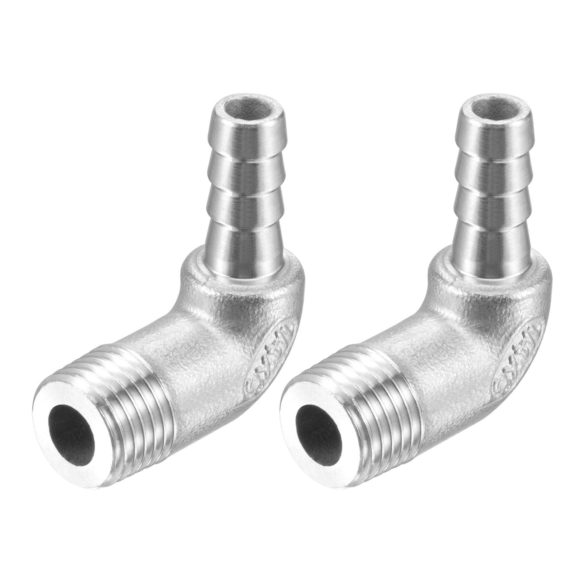 sourcing map 304 Stainless Steel Hose Barb Fitting Elbow, 8mm Barbed x G1/4 Male Pipe Connector Adapter for Water Fuel Air, Pack of 2