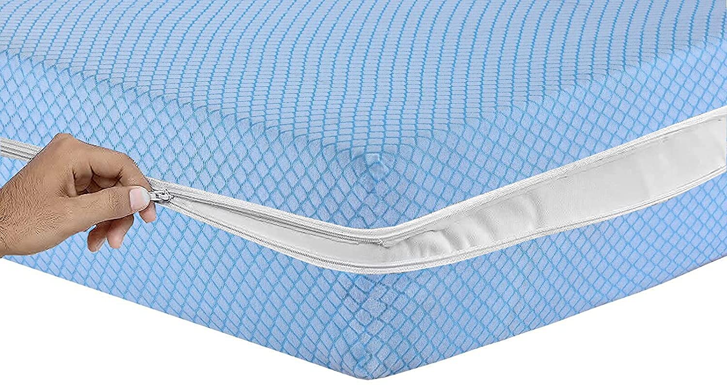 Diamond Pattern Mattress Protector Hypoallergenic Extra Deep Total Zipper Encasement Cover Anti Bug, Non-Noisy, Anti Allergy Breathable Fitted Style Blue and Grey Poly-Cotton Zipped (Blue, Single)