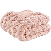 Madison Park Ruched Luxury Throw Premium Soft Cozy Brushed Long Faux Fur For Bed, Couch or Sofa, 50"x60", Blush
