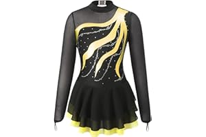 TSSOE Kids Girls Long Sleeve Sequins Printing Ice Roller Figure Skating Dress Illusion Ballet Dancewear