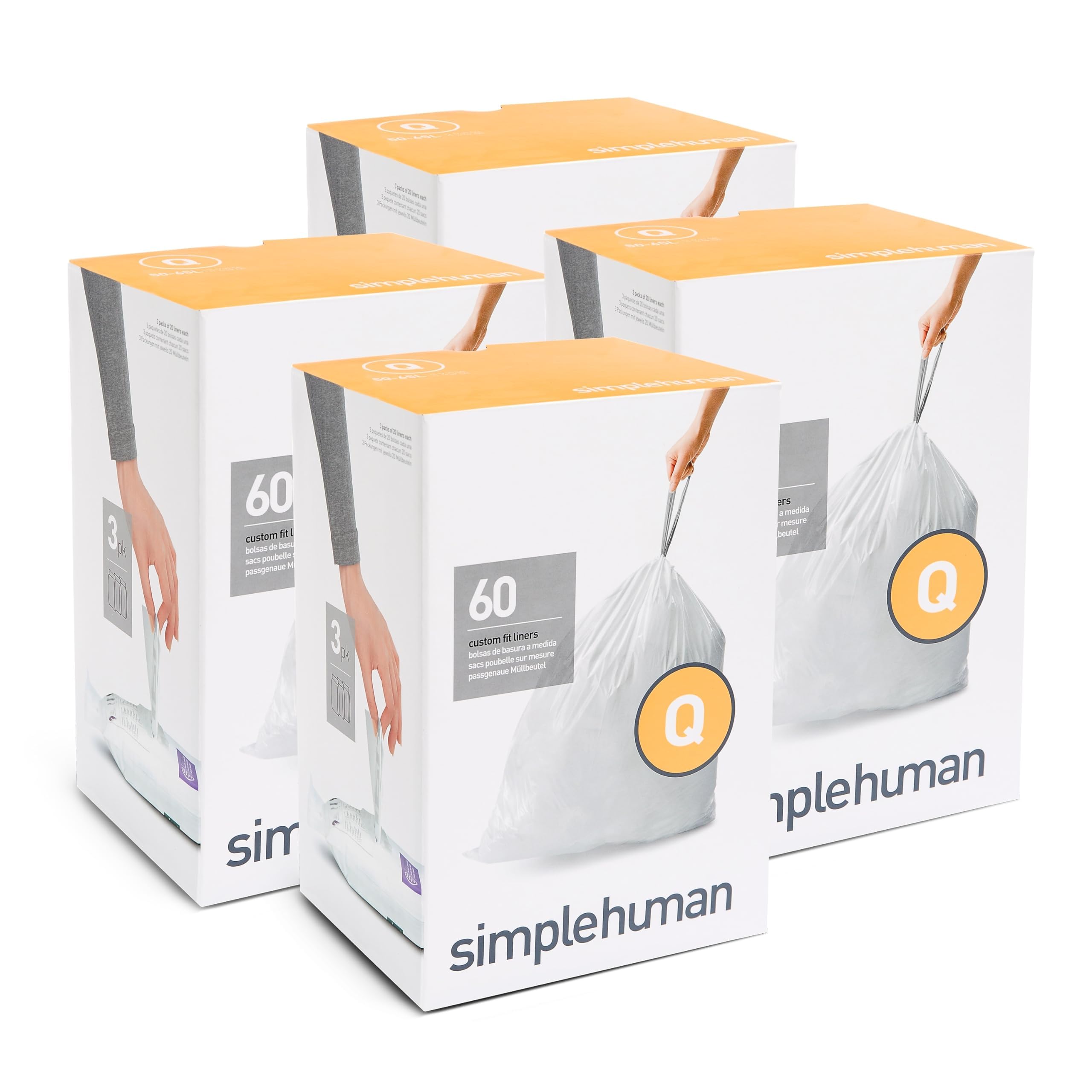 simplehuman Code Q 240 Count, Genuine Custom Fit Liners, Drawstring Trash Bags in Dispenser Packs, 50-65 Liter / 13-17 Gallon