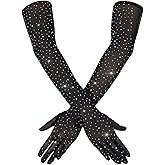 Yolev Lace Gloves Rhinestone Sheer Gloves Sparkly Glitter Fishnet Glove Long Mesh Arm Sleeve Tulle Glove Halloween Wedding