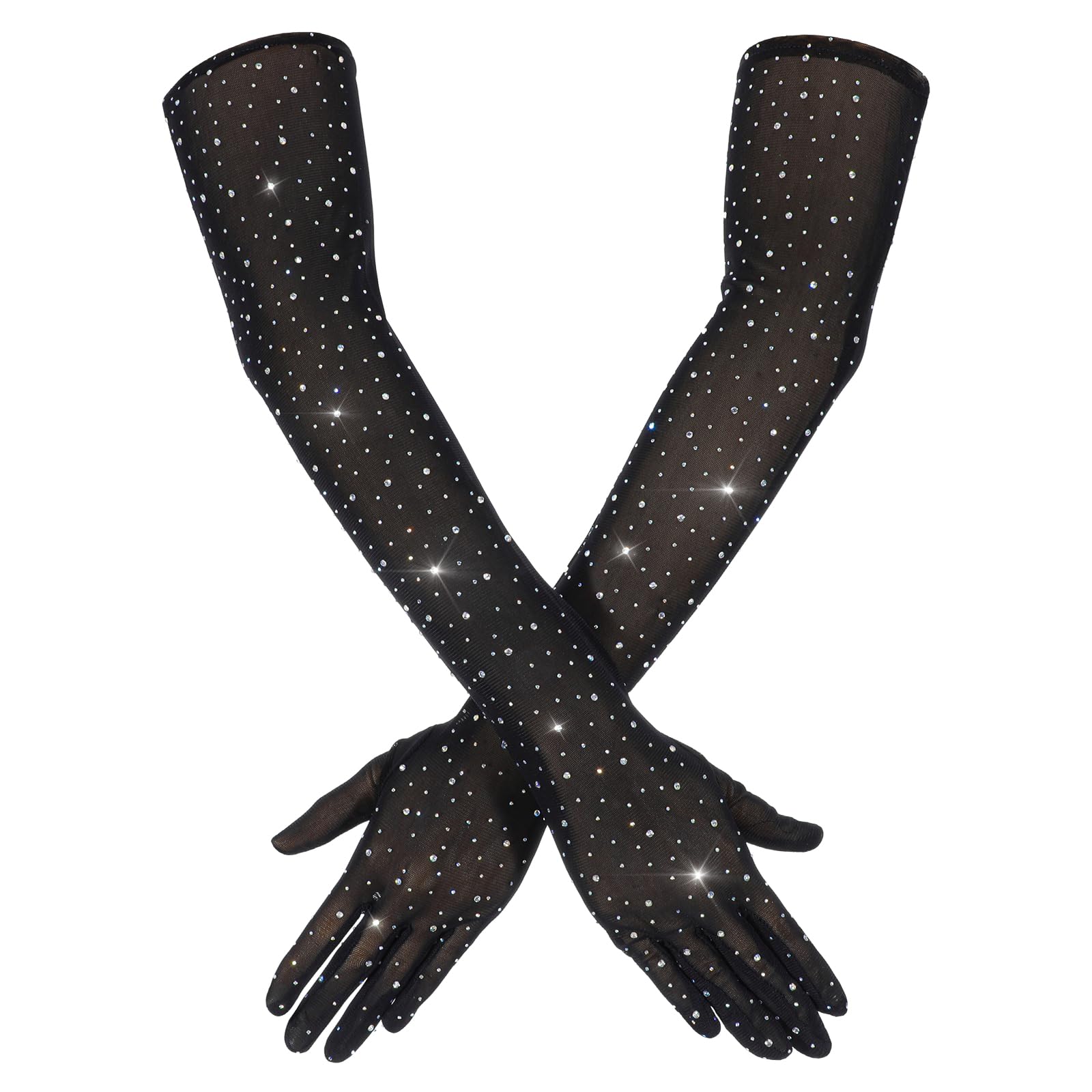 Photo 1 of Lace Gloves Rhinestone Sheer Gloves Sparkly Fishnet Gloves Glitter Black Lace Gloves Long Mesh Arm Sleeve Elbow Length Tulle Gloves for Women Bridal Rave Halloween Evening Wedding Party 1920s
