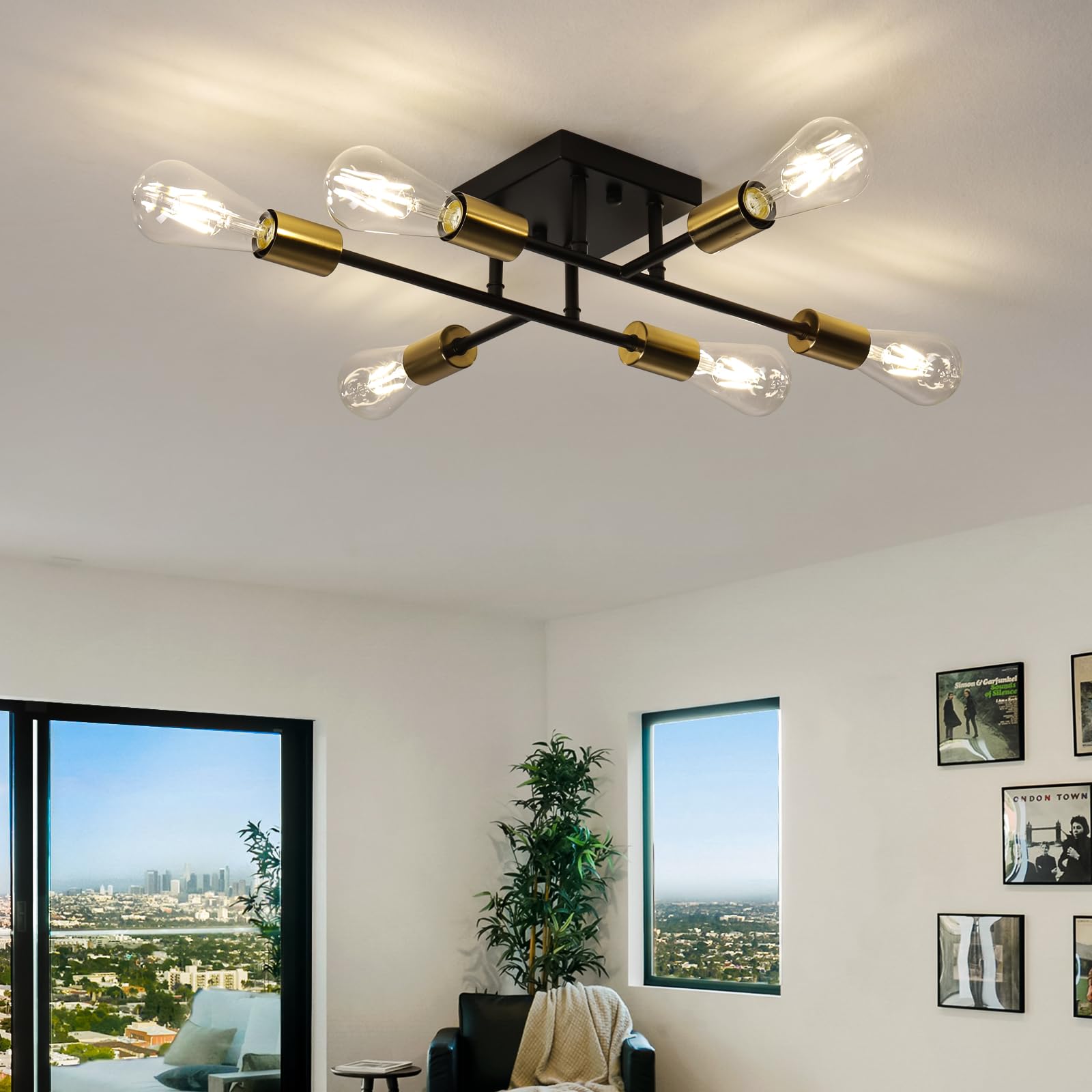 Photo 1 of Yenigy 6-Lights Semi Flush Mount Ceiling Light Fixture, Matte Black and Golden, Modern Sputnik Close to Ceiling Light with E26 Base, Chandelier Light for Bedroom Kitchen Living Room Dining Room