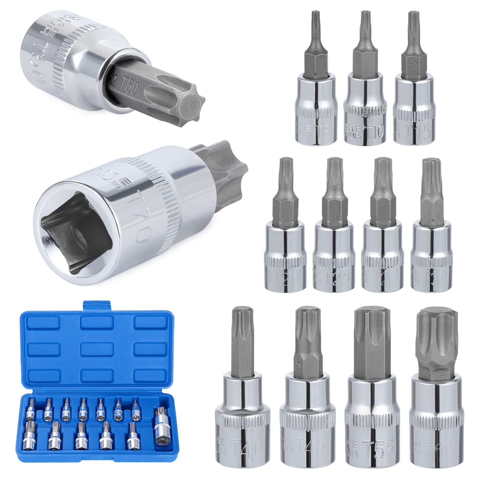 Knpwer 13 Pcs Torx Bit Socket Set,T8 - T70 Star Socket and Bit Set,Chrome Vanadium Steel 1/4", 3/8" and 1/2" Drive Heavy Duty Socket Tools