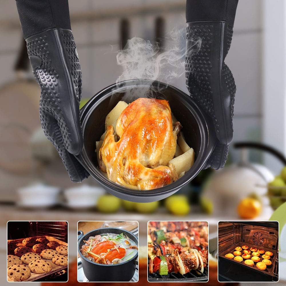 GEEKHOM Grilling Gloves, Heat Resistant Gloves BBQ Kitchen Silicone Oven Mitts, Long Waterproof Non-Slip Potholder for Barbecue, Cooking, Baking (Black) : Garden & Outdoor