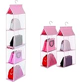 KEEPJOY Closet Purse Organizer, Hanging Handbag Organizer with 4 Heavy-Duty Mesh Shelves Closet Purse Storage Bag (Pink)