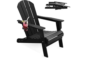 LOUNZY Folding Adirondack Chair with Cup Holder, HDPE All-Weather Folding Patio Chair, Outdoor Patio Adirondack Chair for Lawn Porch Garden Backyard Deck Fire Pit, Black