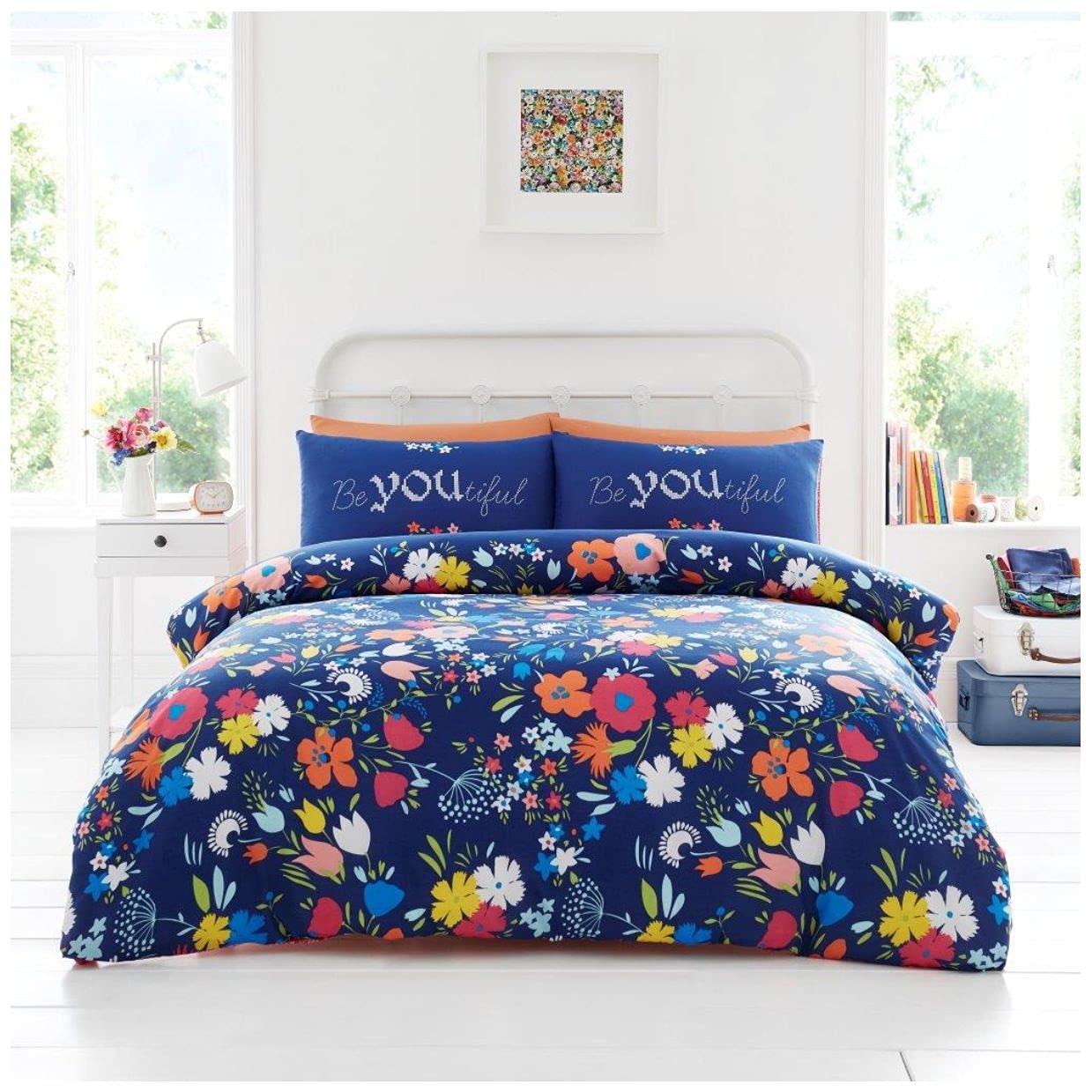 GC GAVENO CAVAILIA Easy Care Floral Duvet Cover, Soft & Cosy Quilt Double Bedding Set, Reversible Flower Bed Set, Navy