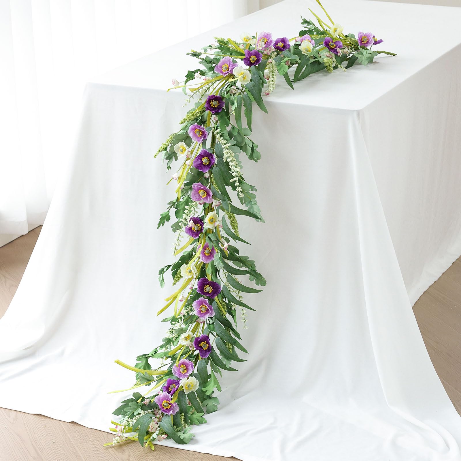 Photo 1 of Mizii Purple Artificial Flower Garland 6FT Fake Poppy Floral Garland Hanging Vines Spring Summer Flowers Decorations for Mantle Table Centerpieces Room Wall Fireplace Wedding Decor (Purple)