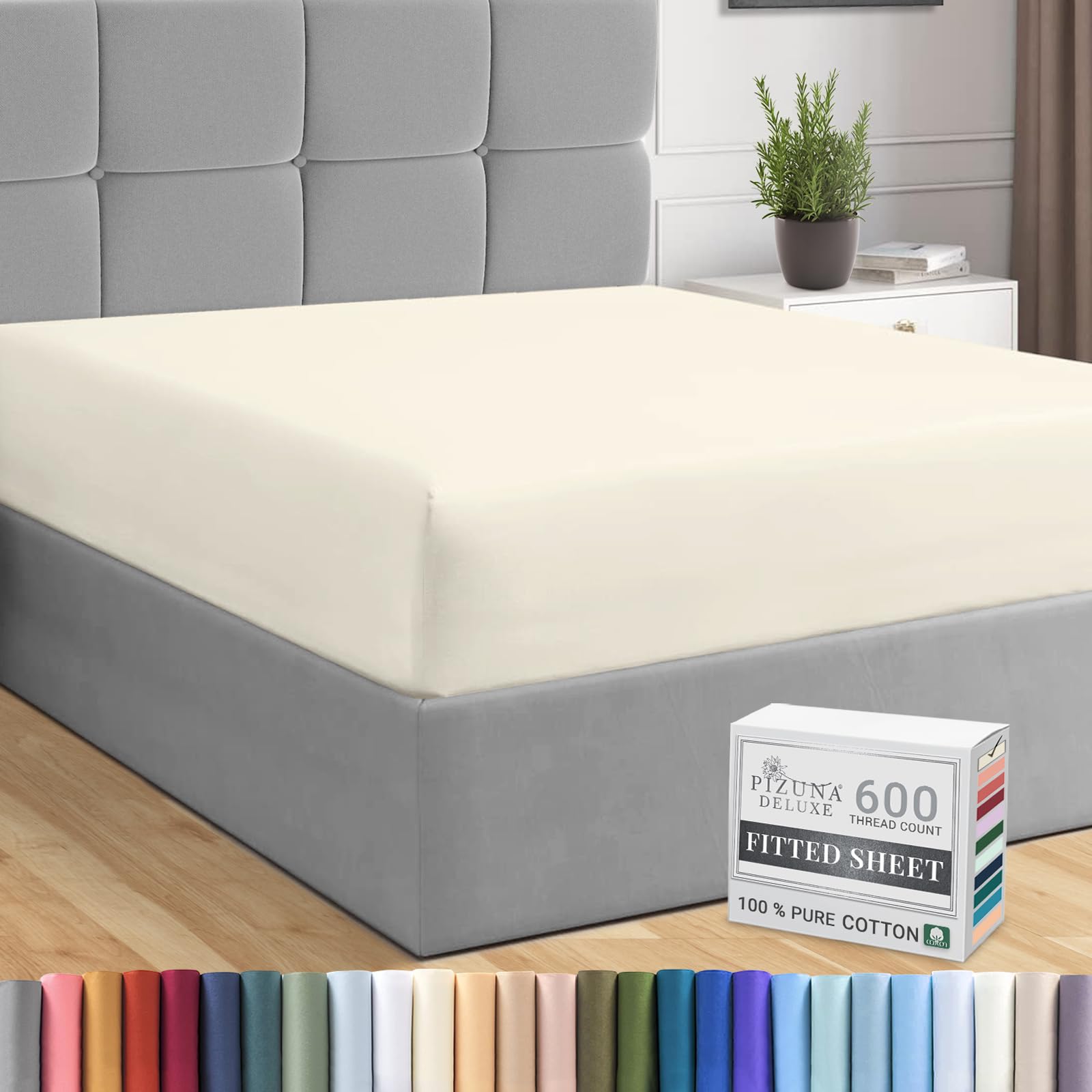 Pizuna Pure Combed Cotton European Single Fitted Sheet Ivory, 600 Thread Count 100% Long Staple Cotton Fitted Sheet Single Bed 100 X 200cm, Sateen Weave 40 cm Deep Fitted Sheets 1 PC Ivory