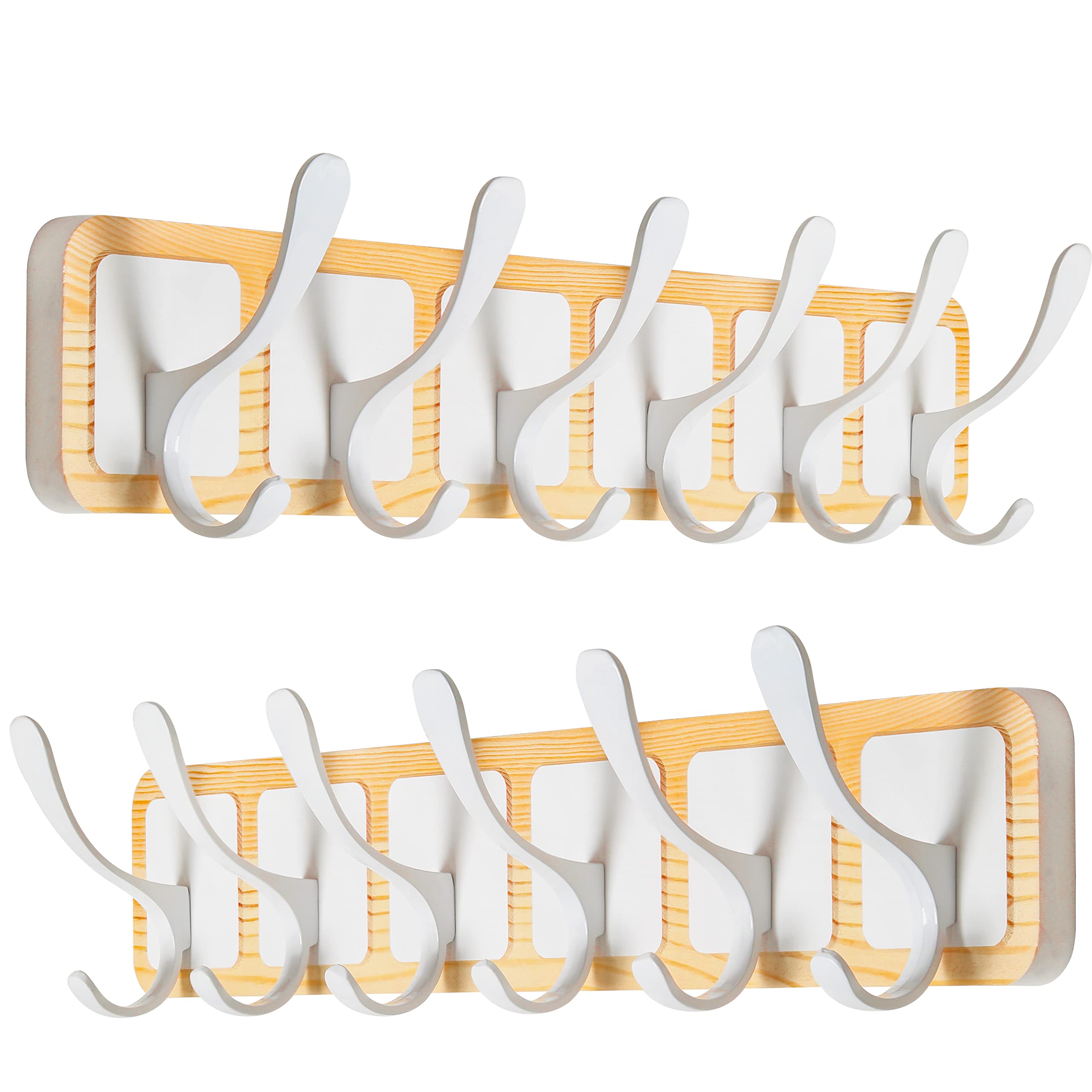 SKOLOO Coat Rack Wall Mount - Scandi-Style Wooden Carved-Block Coat Hook,Pack of 2, Wall Coat Hanger with 6 Hooks for Hanging Coats, Hats, Clothing, Scarfs, Natural & White