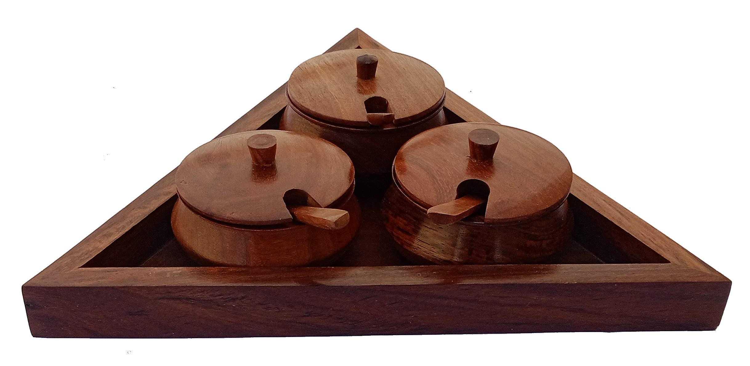 Purpledip Wooden 3 Bowls Tray Set for Dining Table: for Pickles, Oils, Spices, Nuts or After Mints (12337)