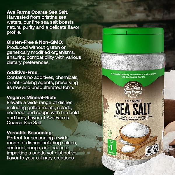 AVA FARMS SEA SALT – COARSE – 16 OZ. BOTTLE – GLUTEN-FREE, NON-GMO, VEGAN, RAW, KOSHER, MINERAL RICH