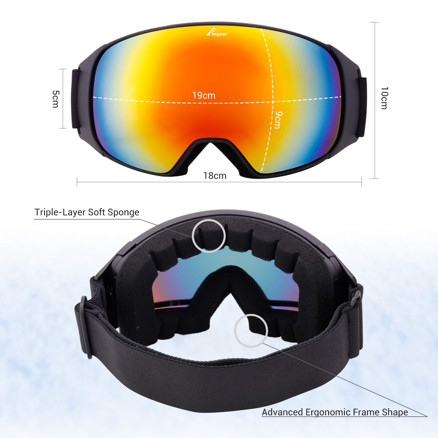 Elegear Ski Goggles, Snowboard Goggles Anti-Glare Anti-Fog Waterproof 100% UV Protection with Double-Layer Spherical Detachable Lenses, Helmet Compatible Snow Goggles for Youth, Men, Women