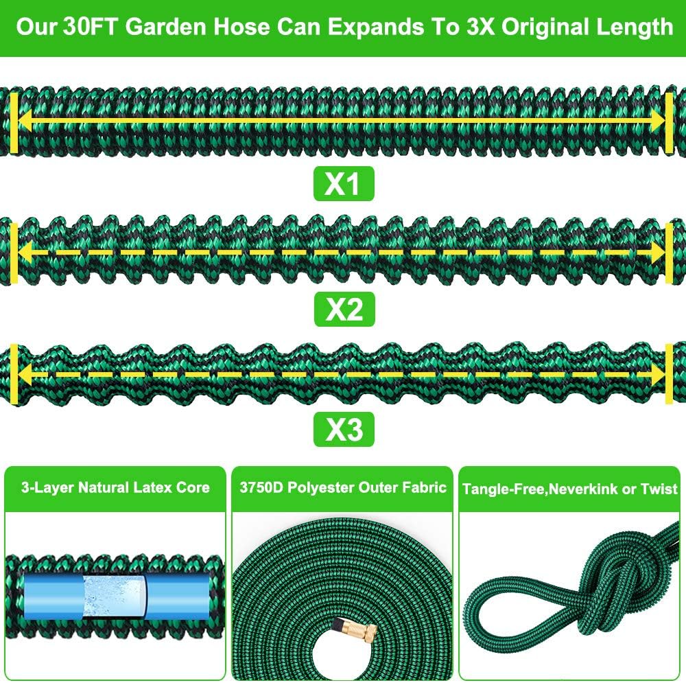 KURTVANA Expandable Garden Hose with 9 Function Nozzle,Durable Flexible Water Hose,3/4" Solid Brass Connectors,Extra Strength Fabric, Lightweight Expanding Hose(25ft+5ft): Home Improvement
