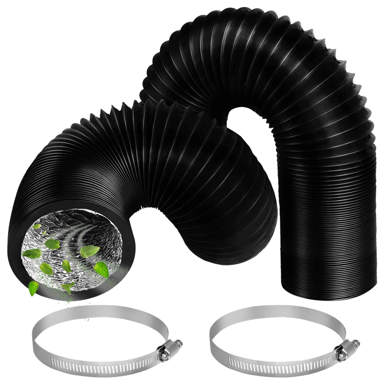 4inch x 10ft (2M) Air Ducting Tumble Dryer Vent Hose 100mm Black PVC Aluminium Foil Flexible Air Ducting Hose with 2 Clamps Suitable for Air Conditioner Bathroom Extractor Fan (2 Metre)