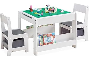 GABHX Kids Table and Chair Set, 4 in 1 Wooden Activity Table with Bookshelves and Storage Drawer, 2 in 1 Detachable Tabletop Construction Play Table Set for Drawing, Reading, Build Blocks