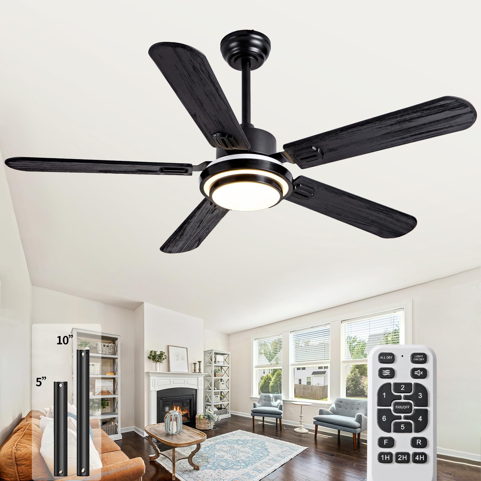 Photo 1 of KATSTLE 52 Inch Black Ceiling Fans with Lights Remote Control,5 Blades Solid Wood Noiseless Modern Ceiling Fans for Indoor,Outdoor,Bedroom,Living Room,Office,Farmhouse,Patio