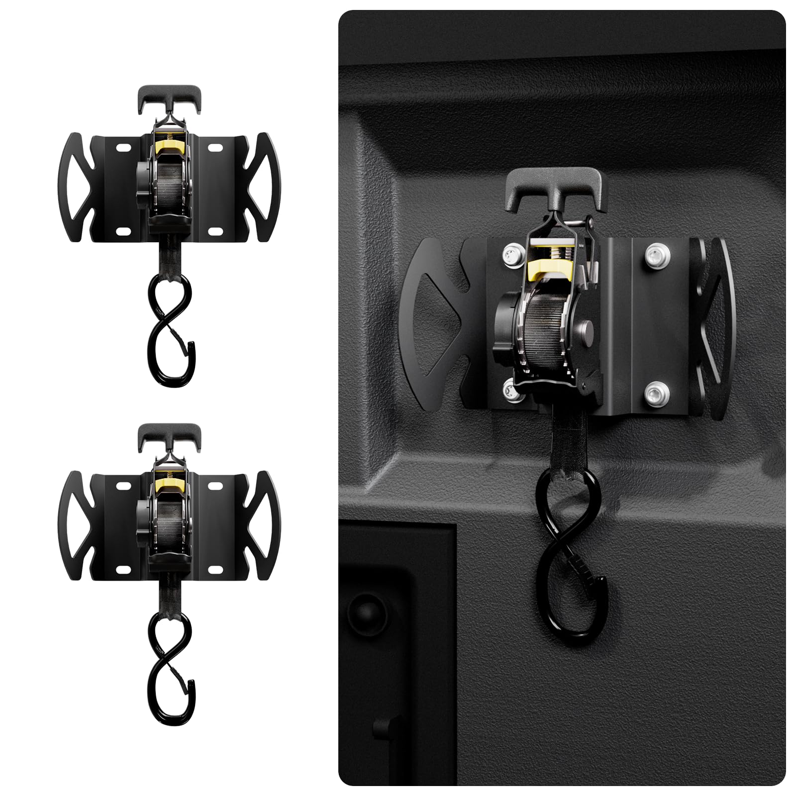 Photo 1 of Rotating Integrated Cargo Bed-Mounted Retractable Ratchet Straps Compatible with Ford F150 F250 F350 F450 Accessories 2015–2026 Tie Down Straps with Swivel Ratchet Boxlink Anchors (Dark Black)