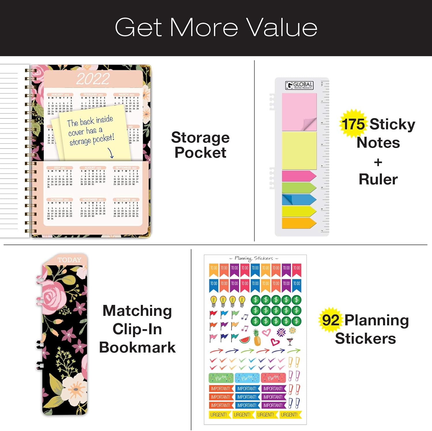 HARDCOVER Academic Year 2021-2022 Planner: (June 2021 Through July 2022) 5.5"x8" Daily Weekly Monthly Planner Yearly Agenda. Bookmark, Pocket Folder and Sticky Note Set (Black Floral) : Office Products