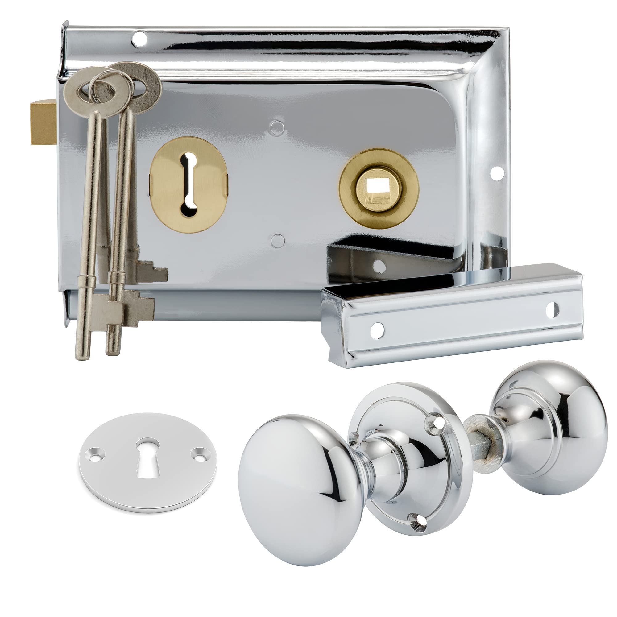 XFORT Premium Range 6"x 4" Traditional Polished Chrome Rim Lock Set with Rim Knob, Surface Door Lock with Latch, Shed Lock with Key, Vintage Garden Gate Lock, for External Sheds, Gate or Doors