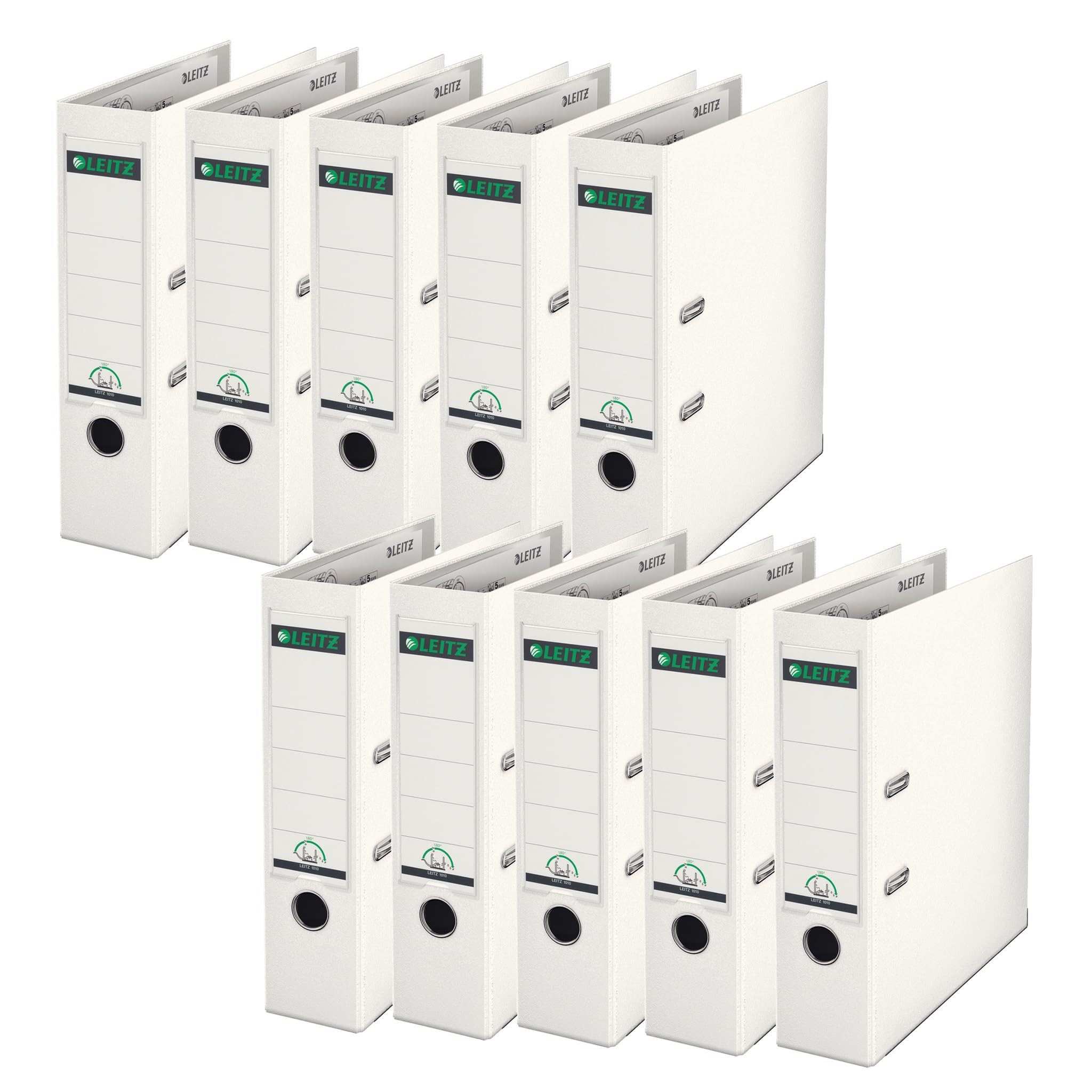 Leitz 10101001 180 Degrees Plastic Lever Arch File A4 80 mm - White, Pack of 10