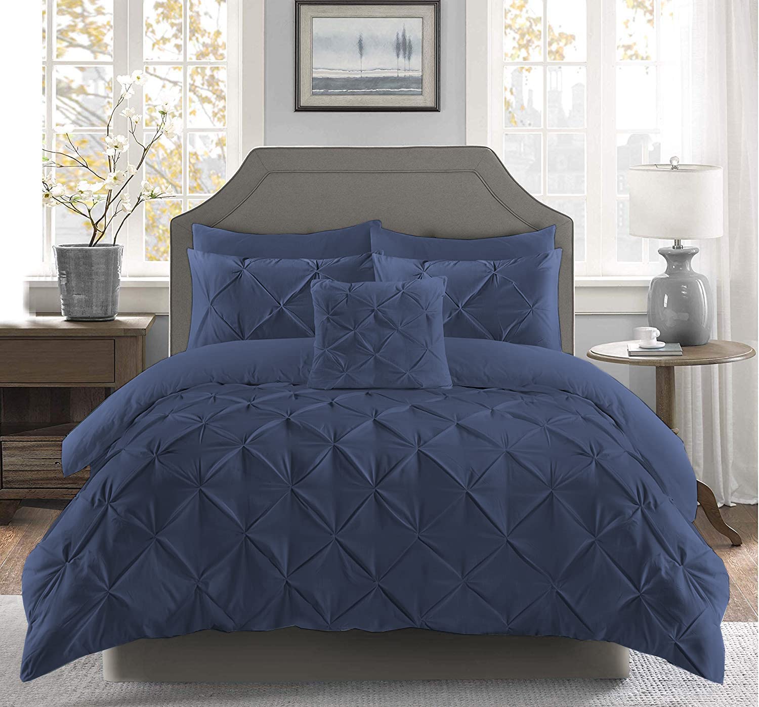 Pintuck Pinch Pleated Duvet Cover Set With Matching Pillow Cases 100% Cotton Ultra Soft Breathable Luxury Hotel Quality Quilt Bedding Cover Sets All UK Sizes (Navy Blue, Double)