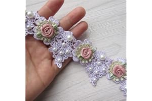 QIUDA 100cm Vintage Pearl Rose Flowers Lace Trim Fabric Rhinestone Embellishment Floral Appliques Lace Ribbon Ornaments Handmade DIY Sewing Craft for Costume Hat Decoration 1.96" Wide (Purple)