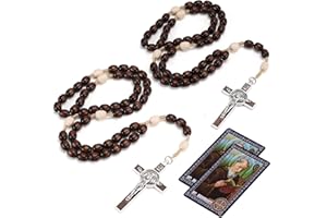 BRILUCKY Rosary Beads Catholic for Women Men, 2 PCS Orthodox Rosaries Crucifix Necklace with Saint Benedict Medal Prayer Card, Handmade Wood Rosary Cross Catholic Gifts, Mexican Rosarios Catolicos Para Hombre