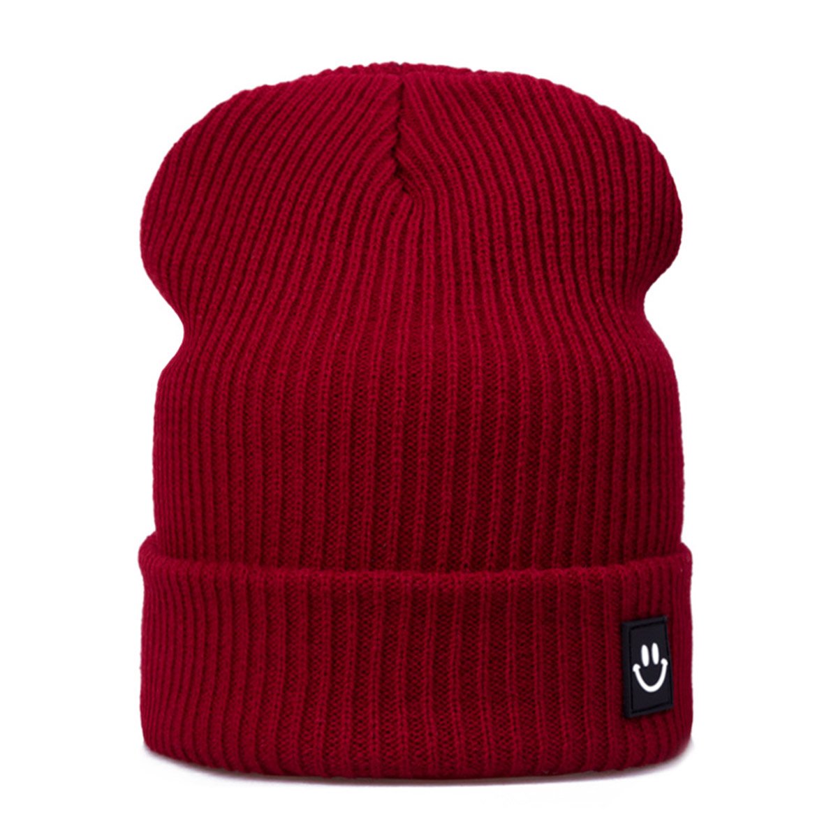 EVRFELAN Women Winter Hat Cuffed Plain Knit Beanie Cap Casual Knitted Warm Skullcap with Smile Face (Dark red)