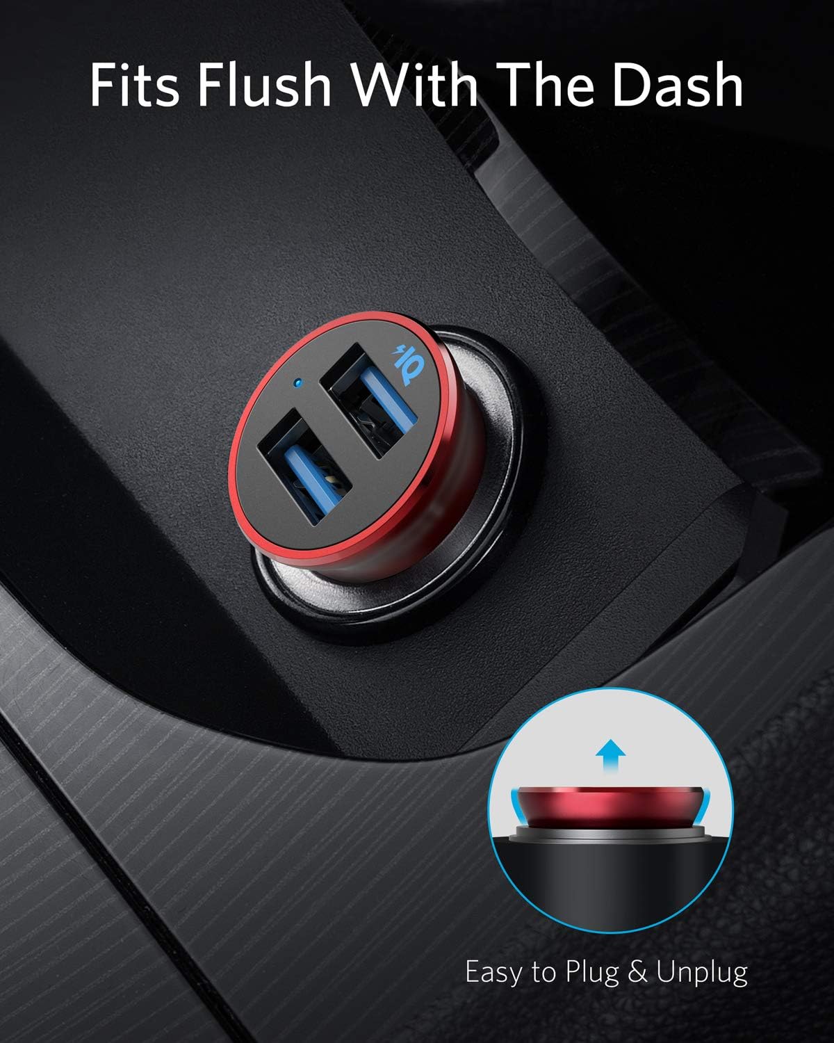 Car Charger, Anker Mini 24W 4.8A Metal Dual USB Car Charger, PowerDrive 2 Alloy Flush Fit Car Adapter with Blue LED, for iPhone 11/XR/Xs/Max/X/8/7/Plus, iPad Pro/Air 2/Mini, Galaxy, LG, HTC and More