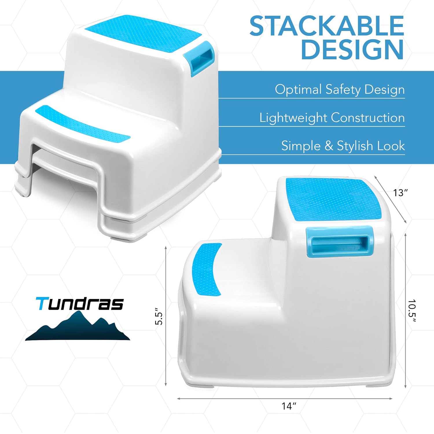 Two Step Kids Step Stools - 2 Pack, Blue - Child, Toddler Safety Steps for Bathroom, Kitchen and Toilet Potty Training - Non Slip Feet, Textured Friction Grip, Carrying Handle, Stackable : Baby