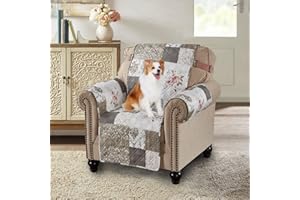 Brilliant Sunshine Roses and Toile Chair Slip Cover, Patchwork Design, Quilted Slipcover with 2" Strap, 23" Seat, Slip Resistant Cushion Protector, Washable Armchair Covers for Dogs, Kids, Rose Grey